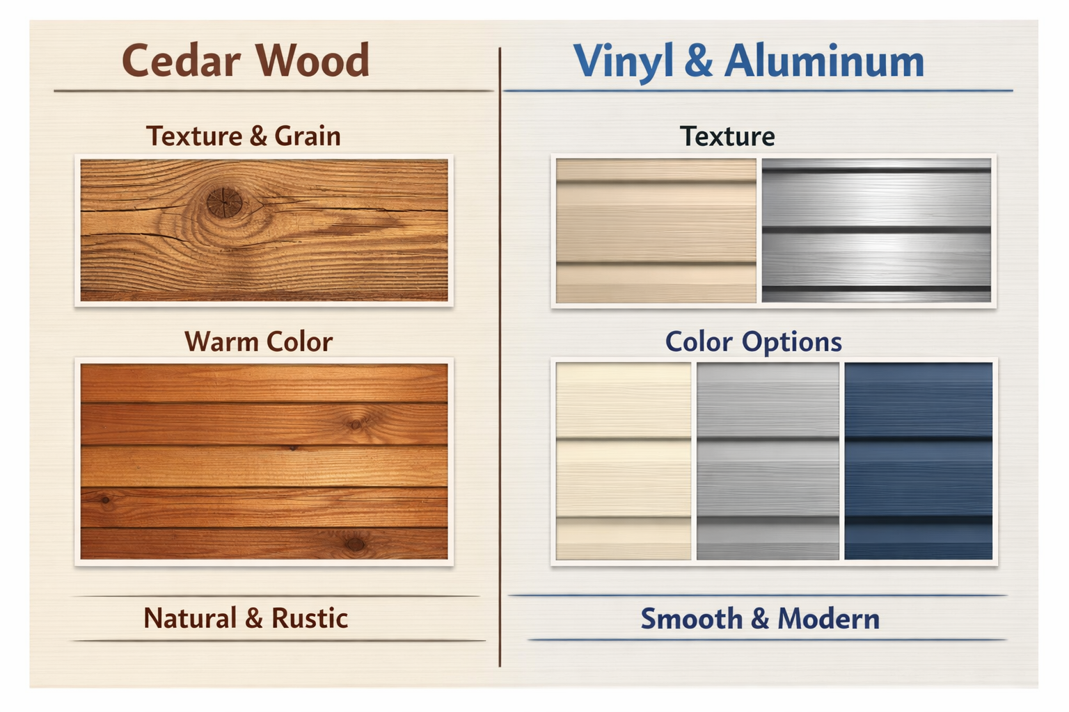 Comparison of cedar wood vs vinyl and aluminum materials