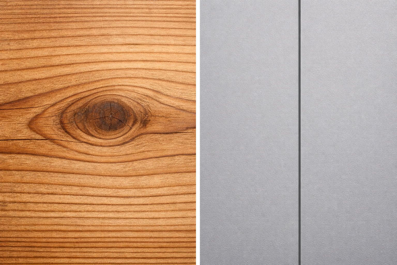 Close-up comparison of cedar wood grain and aluminum finish