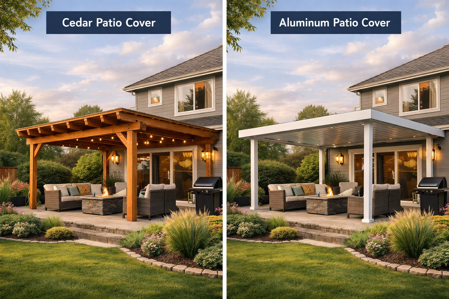 Visualization of backyard with cedar and aluminum patio cover options