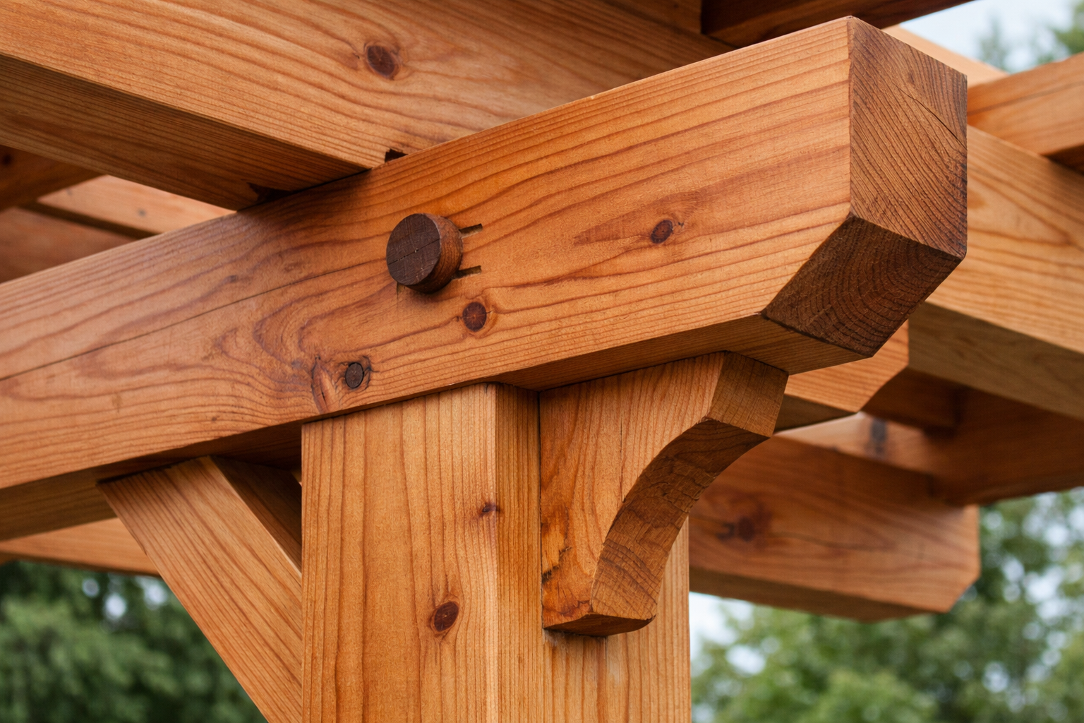 Close-up of cedar beams and joinery craftsmanship