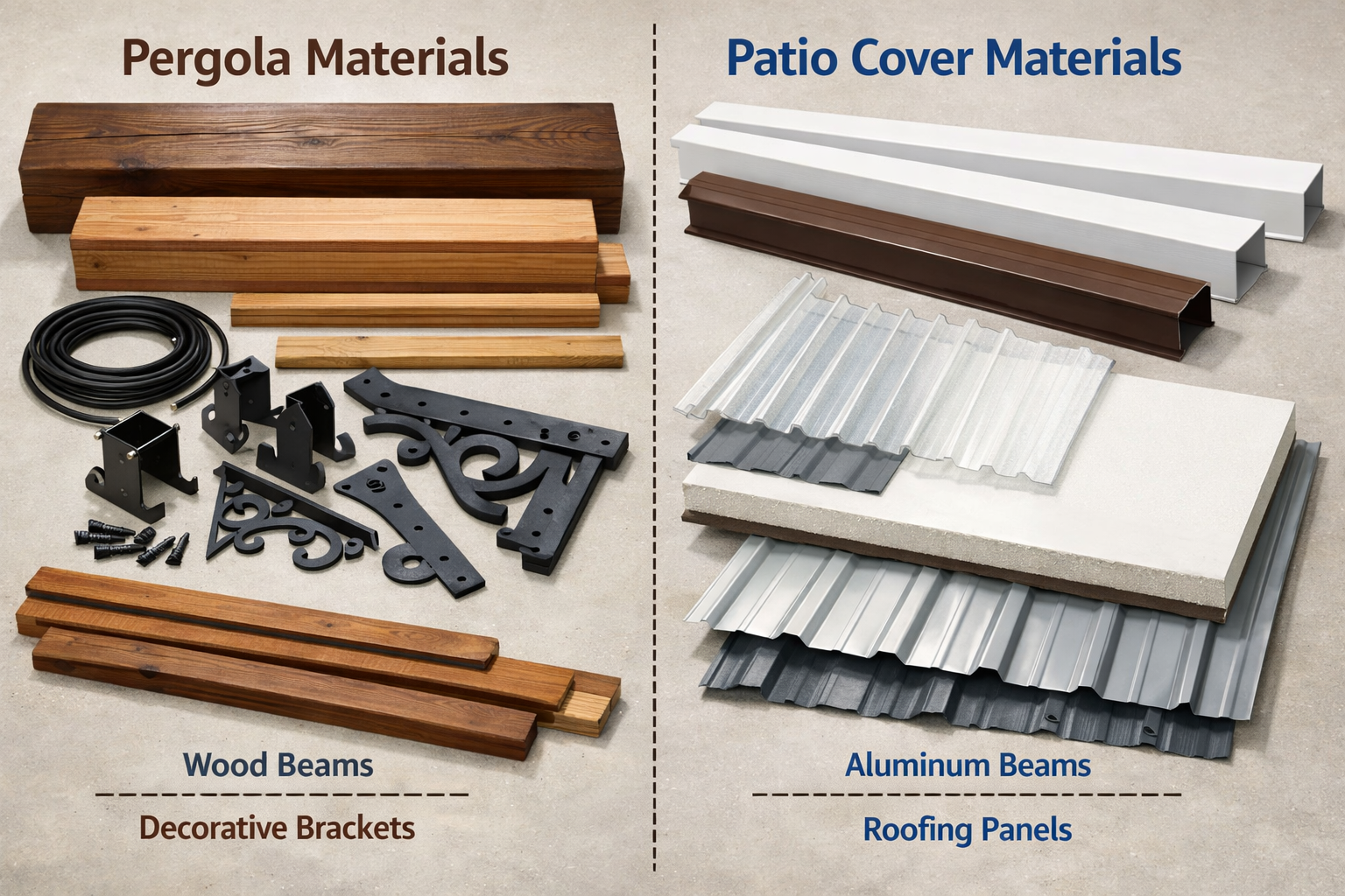 Construction materials for pergolas and patio covers laid out for comparison