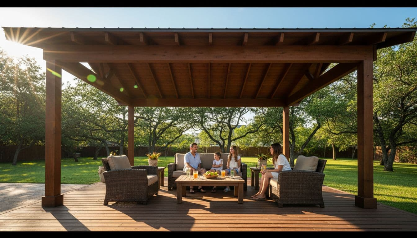 A spacious backyard patio in North Texas with a solid cedar roof cover providing full shade over wooden deck and outdoor furniture, lush green lawn, and a family seated comfortably.