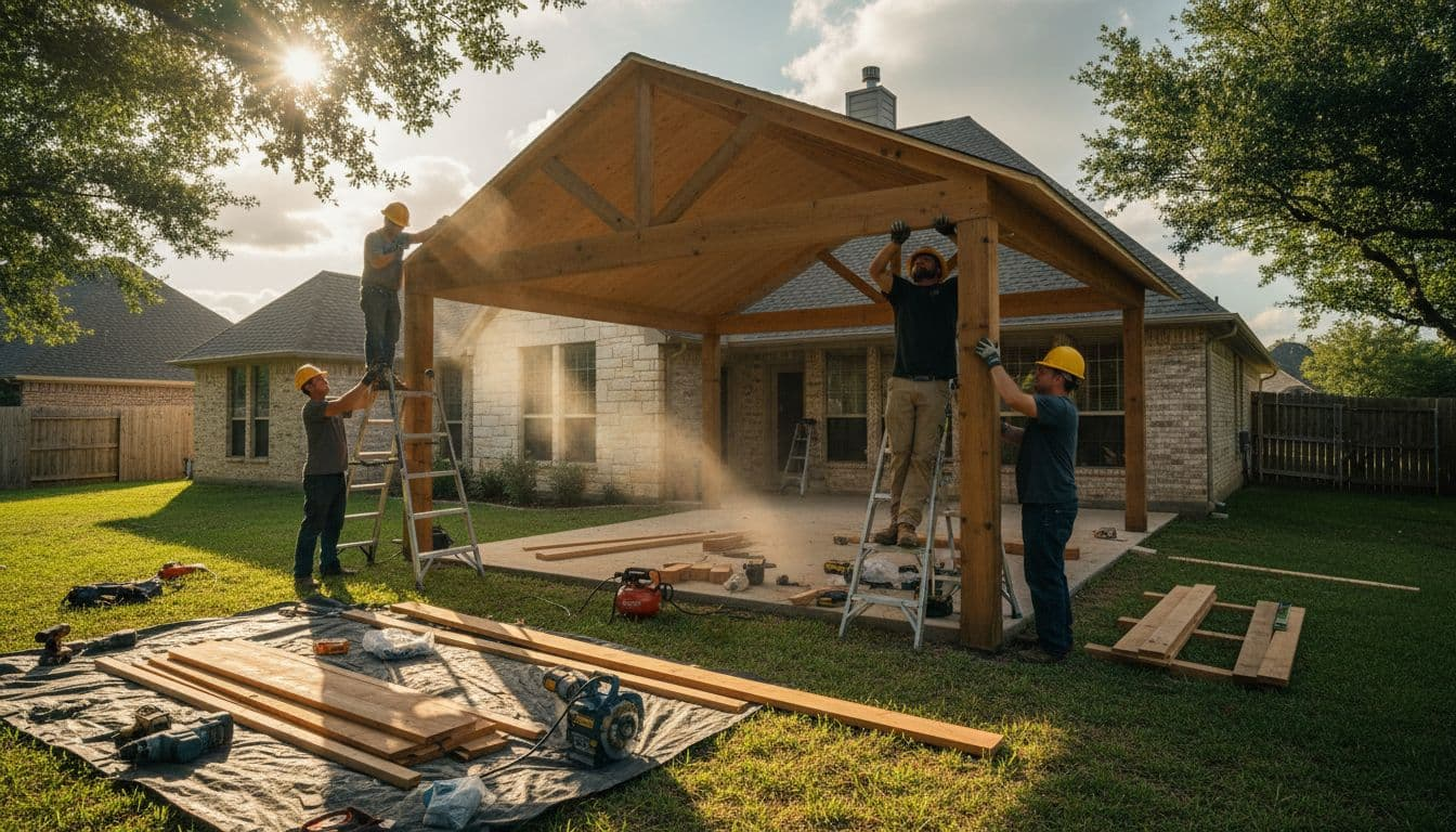 In Pilot Point, a North Texas construction crew installs a custom cedar patio cover on a backyard home, with three workers in hard hats securing beams and posts amid tools and materials under dramatic daytime side lighting.