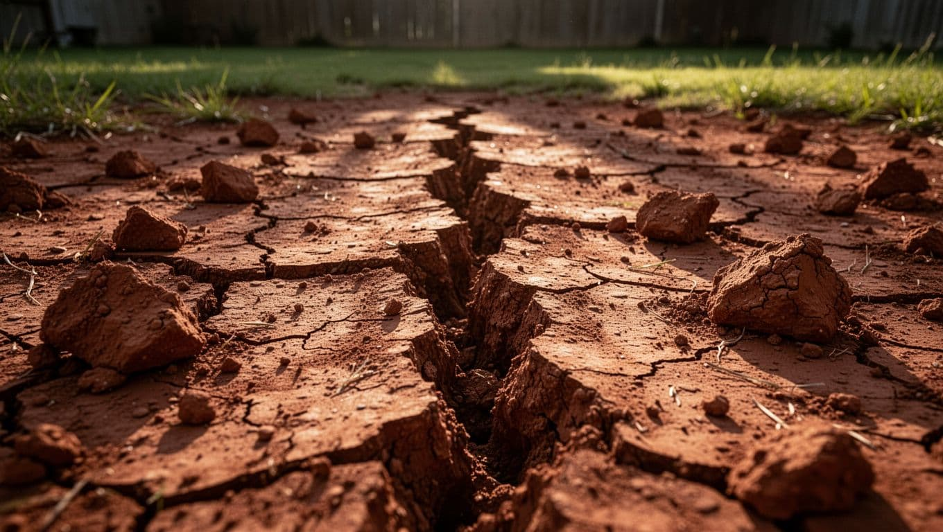 Close-up of expansive dry reddish-brown clay soil in a North Texas backyard during summer drought, featuring deep wide cracks, heaved chunks, and textured fissures with cinematic lighting.