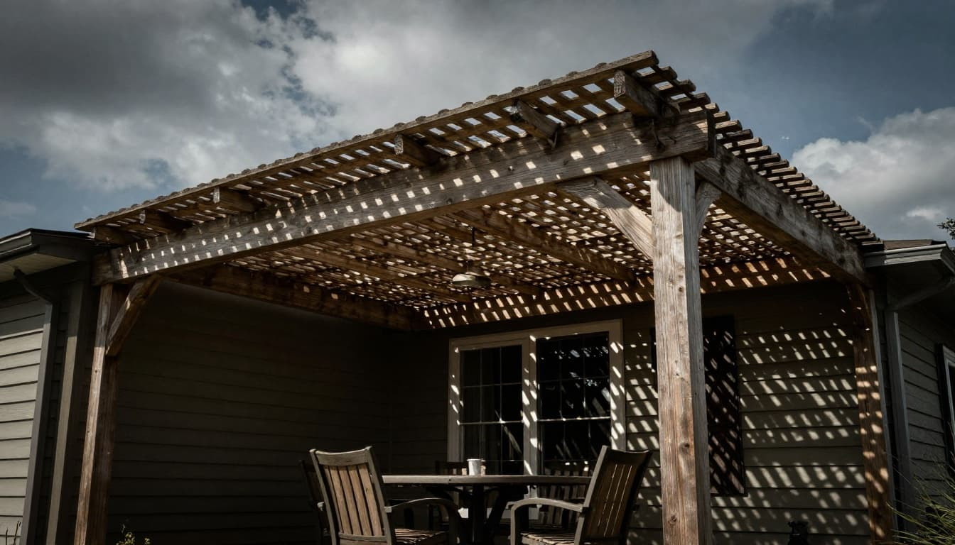 North Texas home exterior showcases a cedar lattice patio cover roof with spaced wooden slats filtering dappled sunlight onto patio table and chairs below, blending seamlessly with house siding under a partly cloudy sky in cinematic style.