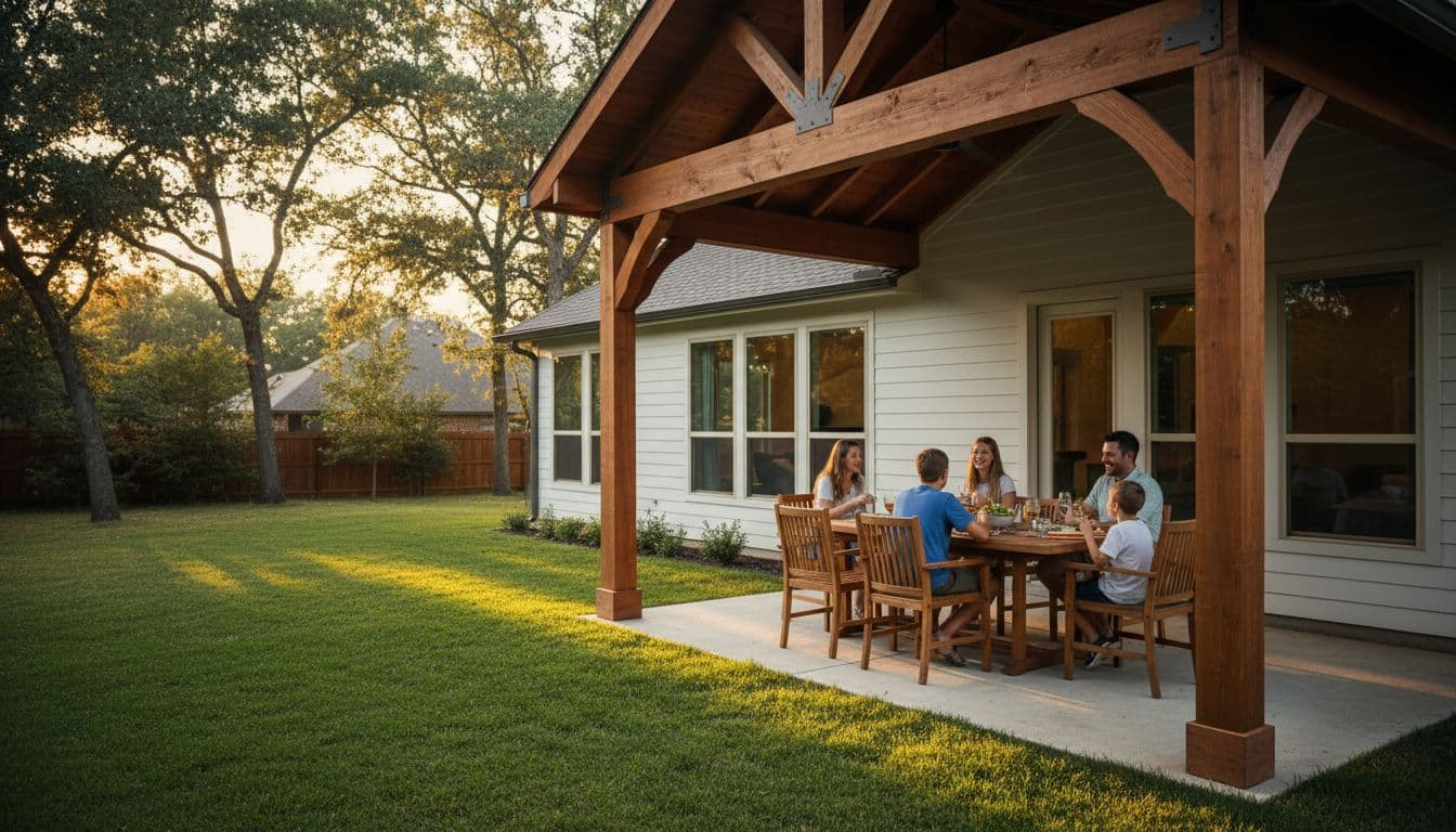 A family of four relaxes at an outdoor dinner under a shaded cedar patio cover attached to their modern ranch home in a spacious Northlake Texas backyard at golden hour.
