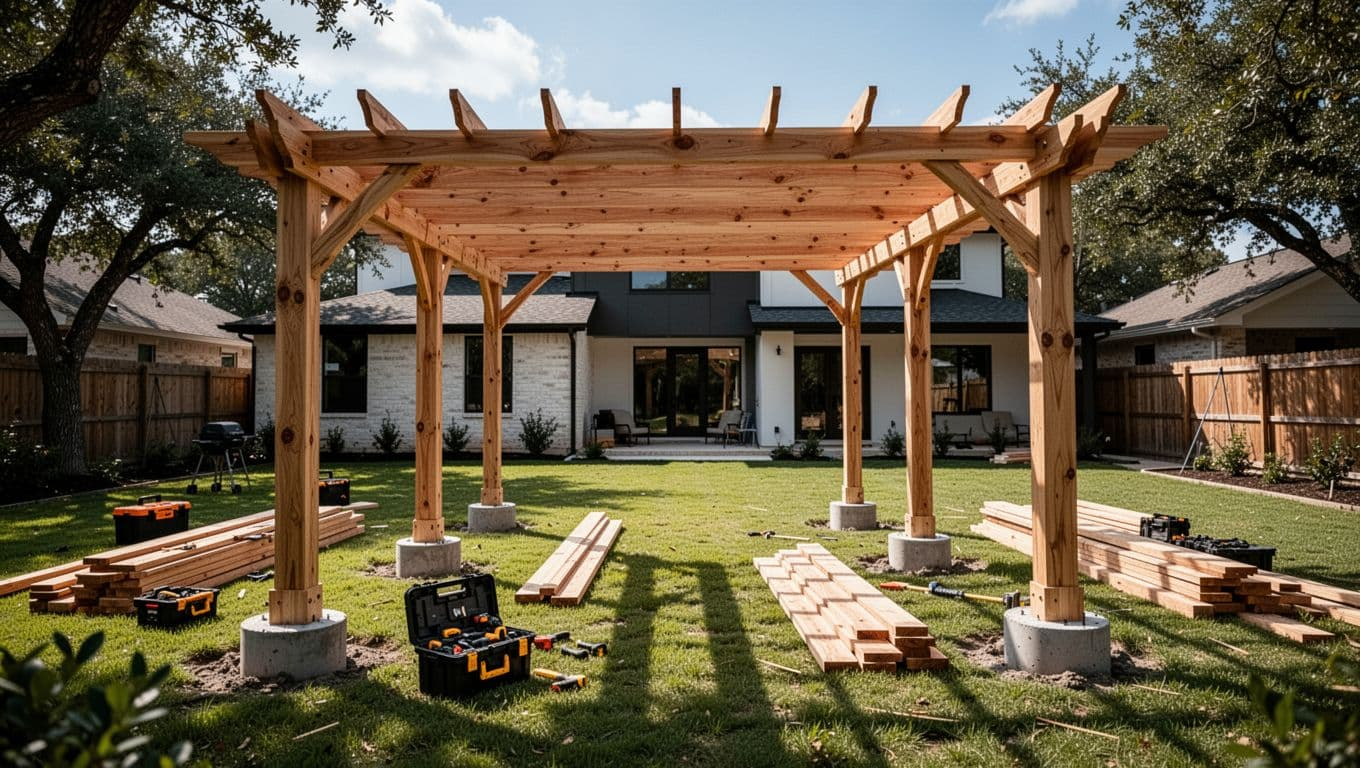 Sturdy cedar pergola frame under construction in a sunny Oak Point, Texas backyard with posts anchored in concrete footings, beams overhead, tools and wood stacks on green lawn, and modern home in background under mid-day light.
