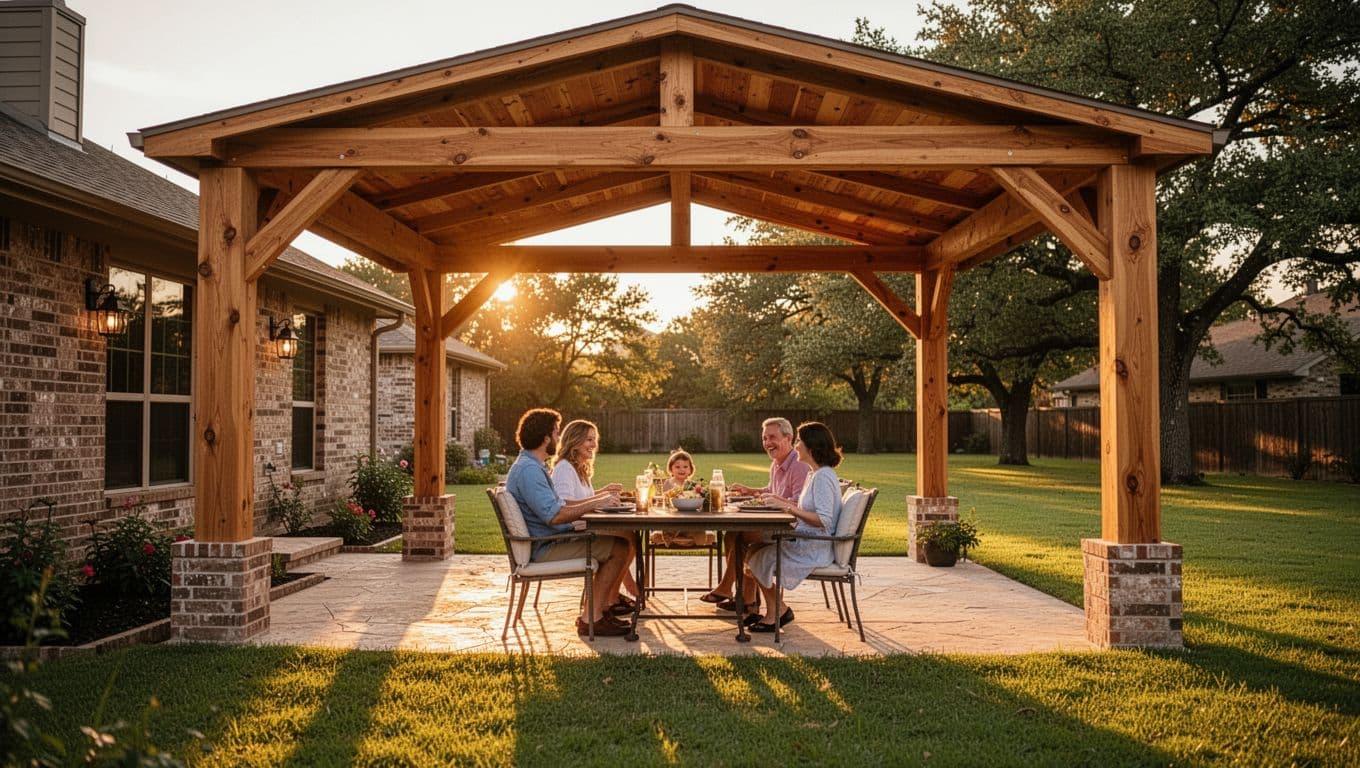 Spacious attached cedar patio cover on a brick Texas home backyard in Paloma Creek, with a family of four relaxing at a dinner table during golden hour sunset.