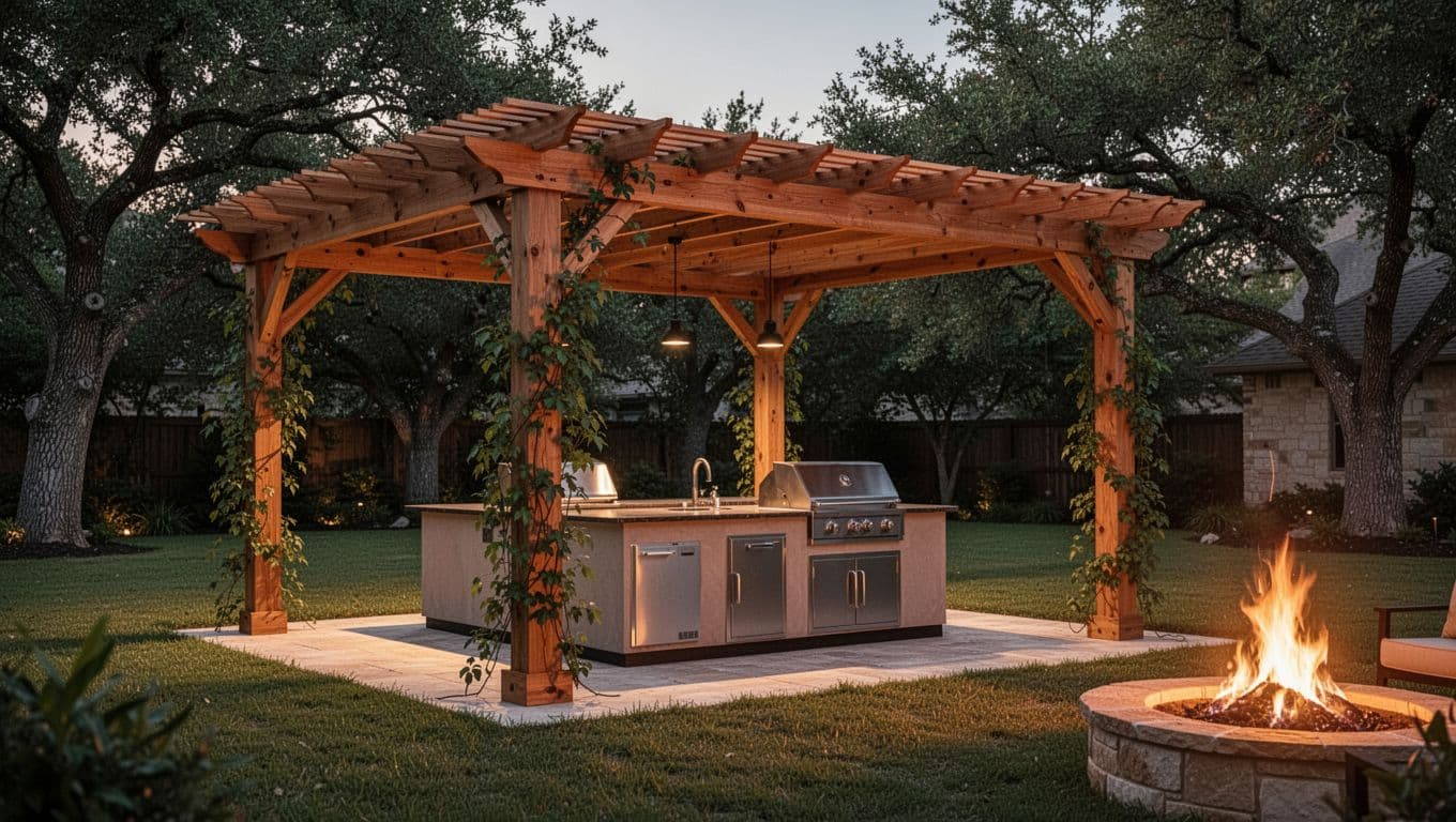 Freestanding cedar pergola combined with attached patio cover in a lush Paloma Creek Texas backyard, featuring outdoor kitchen island, climbing vines, soft evening lighting, and fire pit glow in cinematic style.