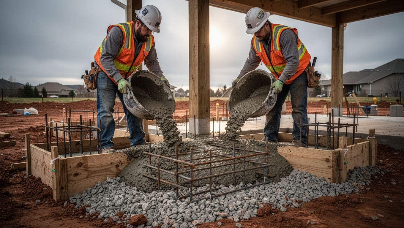 Two North Texas construction workers in safety gear pour concrete into wooden forms for patio cover post footings in expansive clay soil, with rebar cages and gravel drainage base visible under an overcast sky.