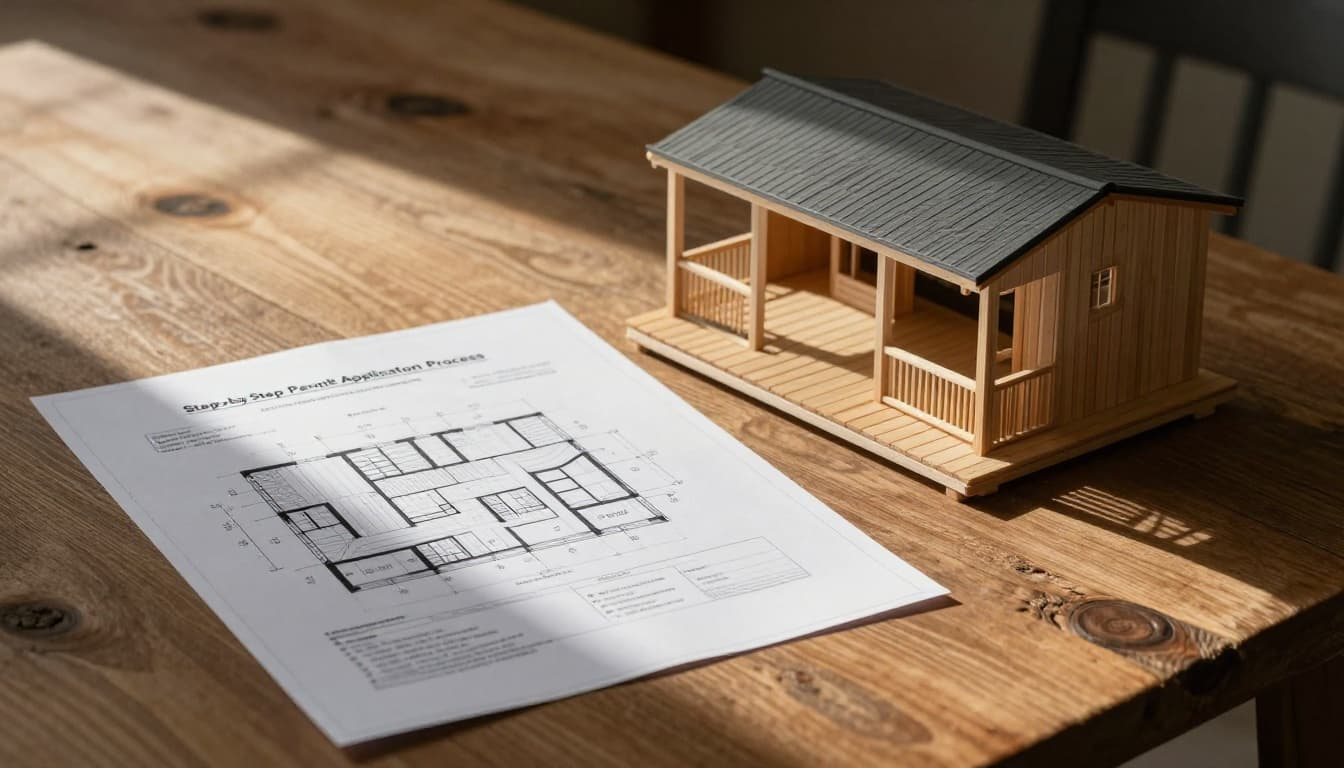 Architectural blueprints and building permit forms arranged on a rustic wooden table next to a precise scale model of an attached cedar patio cover, with dramatic lighting creating contrast and shadows.