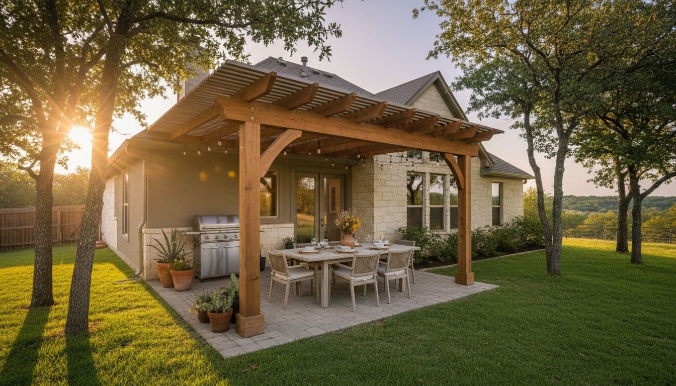 Custom cedar wood patio cover attached to a suburban Texas home in Pilot Point, featuring spacious backyard with wooden furniture, grill, potted plants under shade, and warm golden hour sunlight in cinematic style.