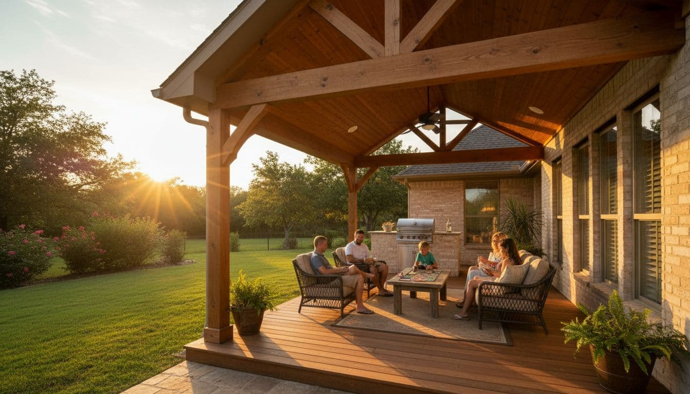 Beautiful attached cedar patio cover on a ranch-style Texas home backyard in Ponder, with lush green grass, wooden deck, seating, grill, and a family of two adults and two children relaxing naturally during golden hour sunset with cinematic lighting.