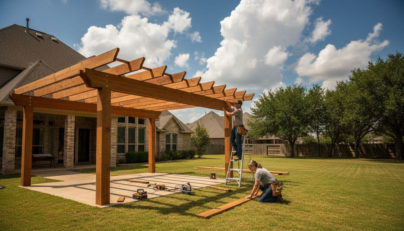 Two skilled contractors construct a cedar patio cover in a suburban Texas backyard, one securing a wooden beam with relaxed hands amid tools on the ground, under a clear blue sky with dramatic clouds in cinematic style.