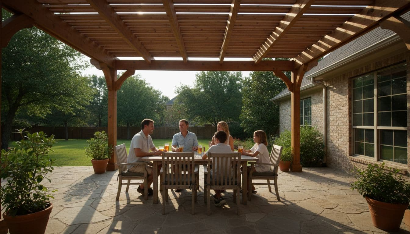 Spacious backyard patio in a Sanger Texas home with a custom cedar wood shade structure providing shade over a stone patio and wooden dining table where a family of four sits relaxed with drinks in warm afternoon sunlight.