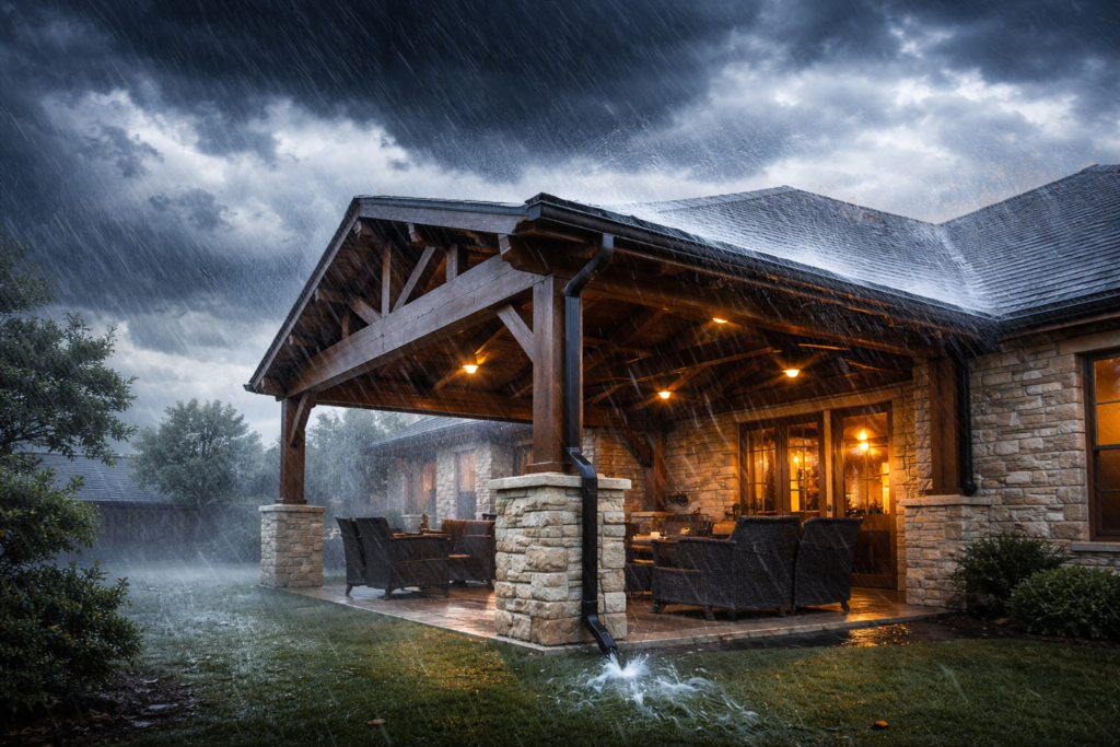 strong attached patio cover during a Texas storm, heavy rain and wind hitting structure