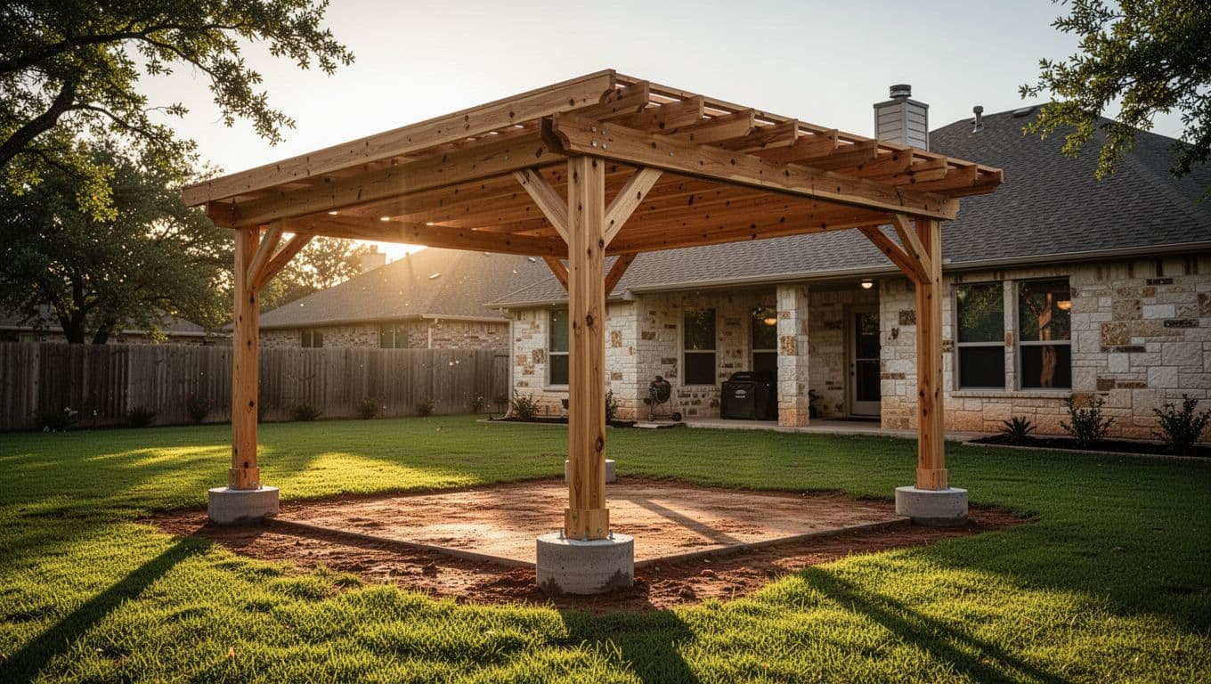Sturdy freestanding cedar patio cover standing firm on deep concrete footings in a North Texas suburban backyard with clay soil, bathed in golden hour sunlight with dramatic backlighting and cinematic depth of field.
