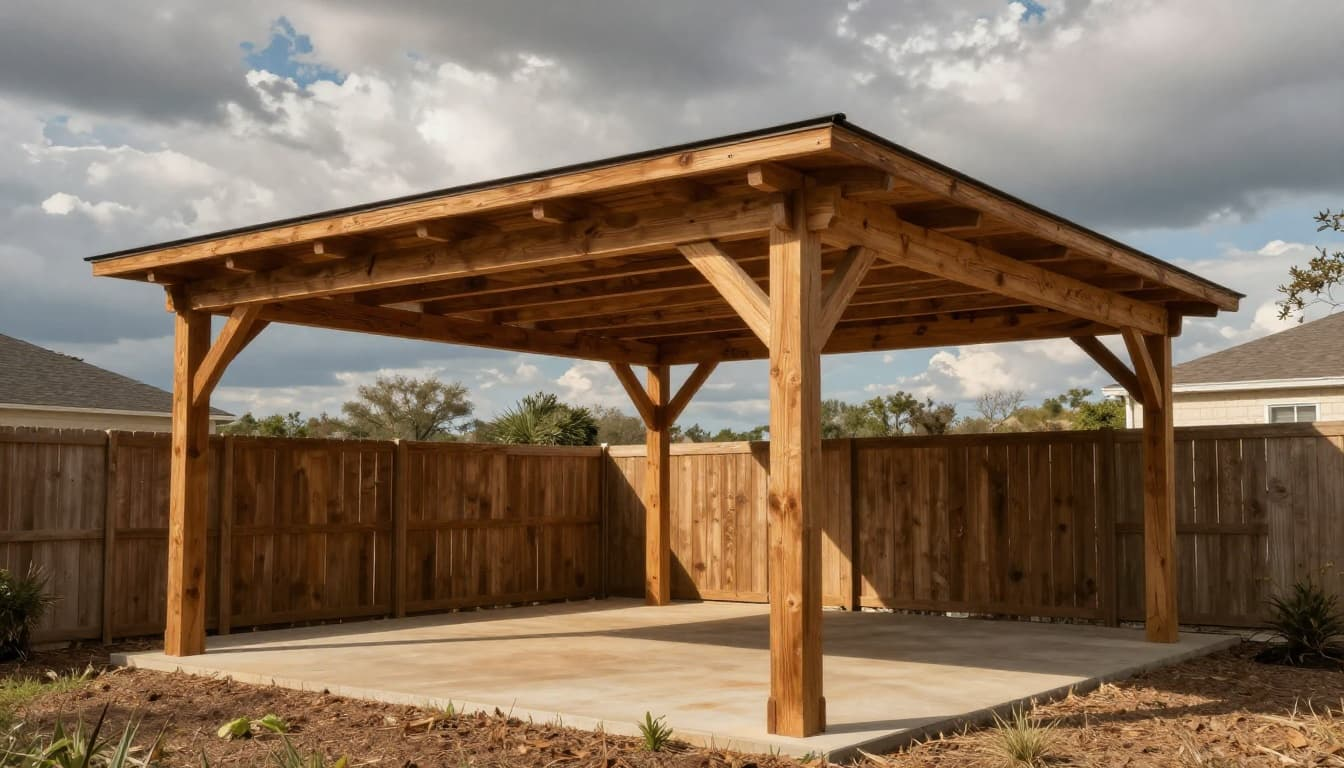 A robust freestanding cedar patio cover in a North Texas backyard near Lewisville features natural wood grain on posts and beams, under partly cloudy skies with dramatic cinematic lighting.