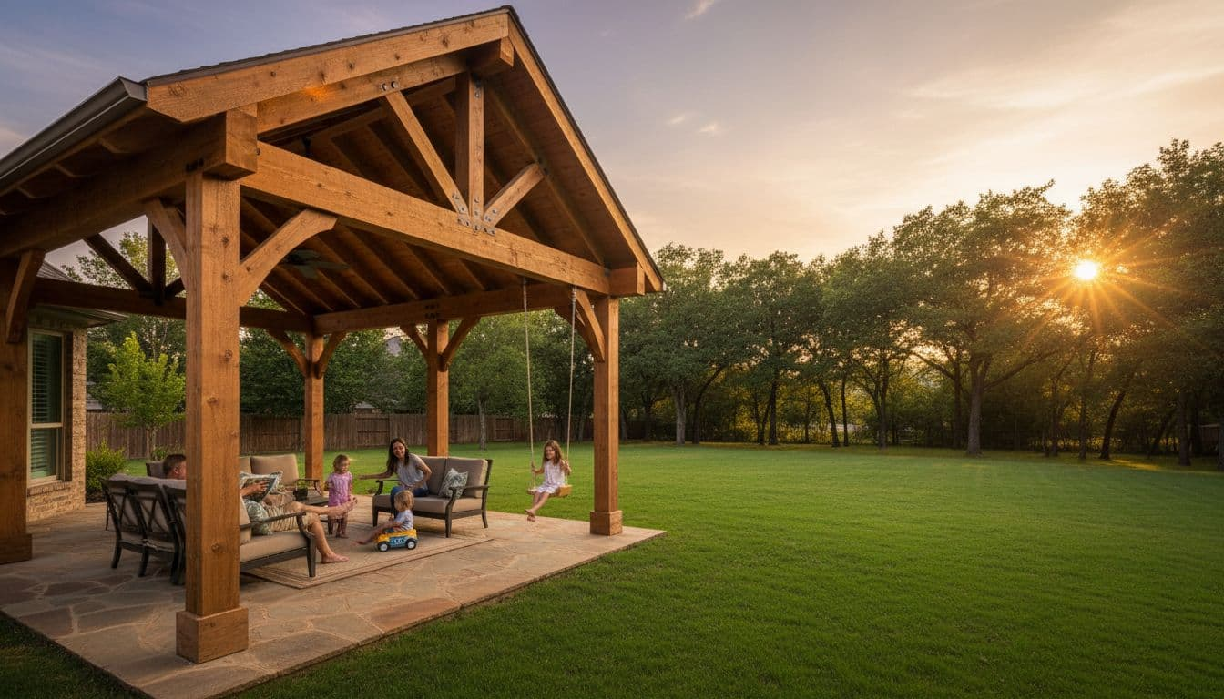 A spacious suburban Texas backyard with a sturdy cedar patio cover over a stone patio, where a family of four relaxes in the shade amid lush greenery and dramatic golden hour lighting.