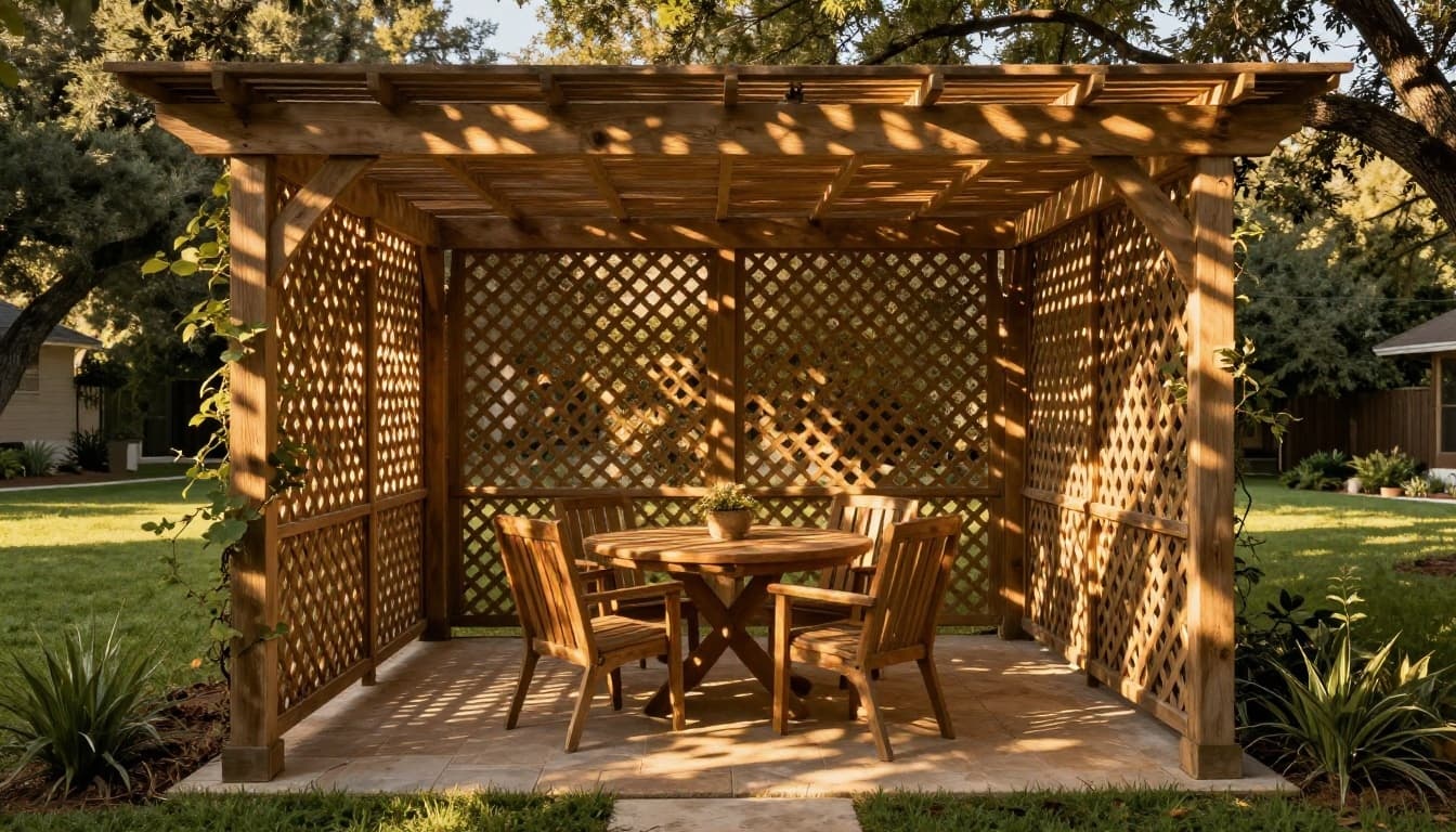Open lattice cedar pergola freestanding over stone patio in grassy west-facing North Texas backyard, with light vines creating dappled shade from late afternoon sun on wooden dining table and chairs.