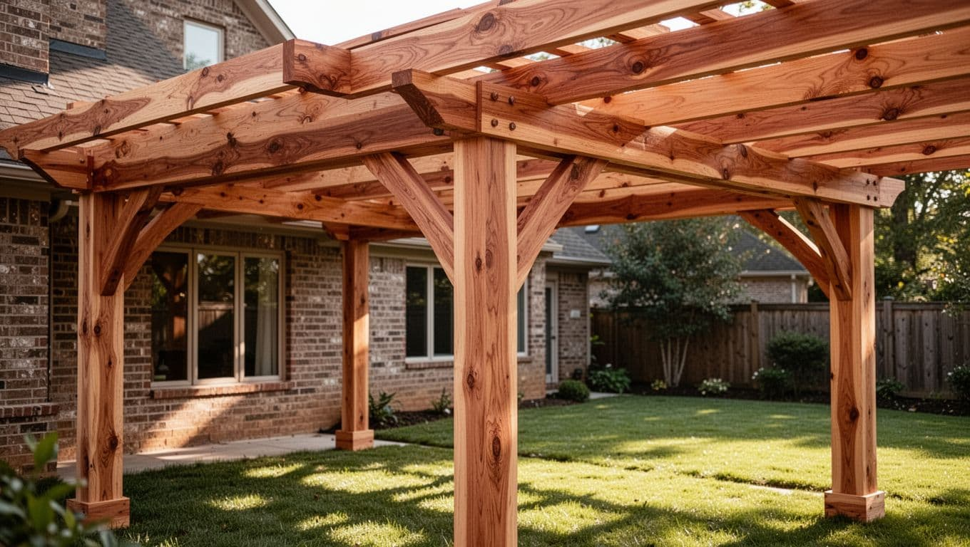 Close-up view of richly grained Western Red Cedar beams and posts on a newly built patio cover integrated with a brick home exterior, soft natural daylight highlighting wood texture and clean joinery in a backyard setting.