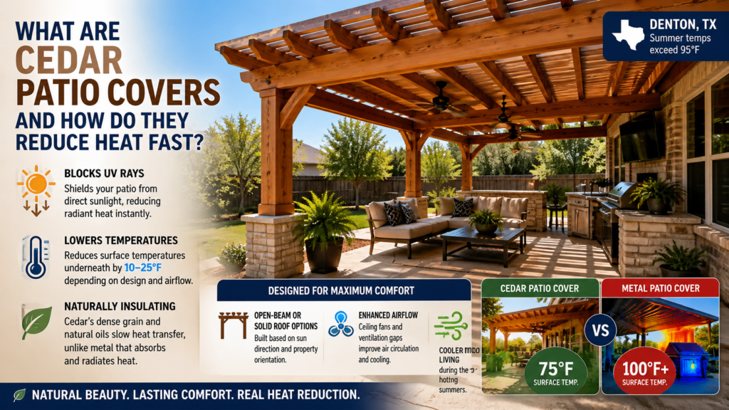 What are cedar patio covers and how do they reduce heat fast in Denton TX