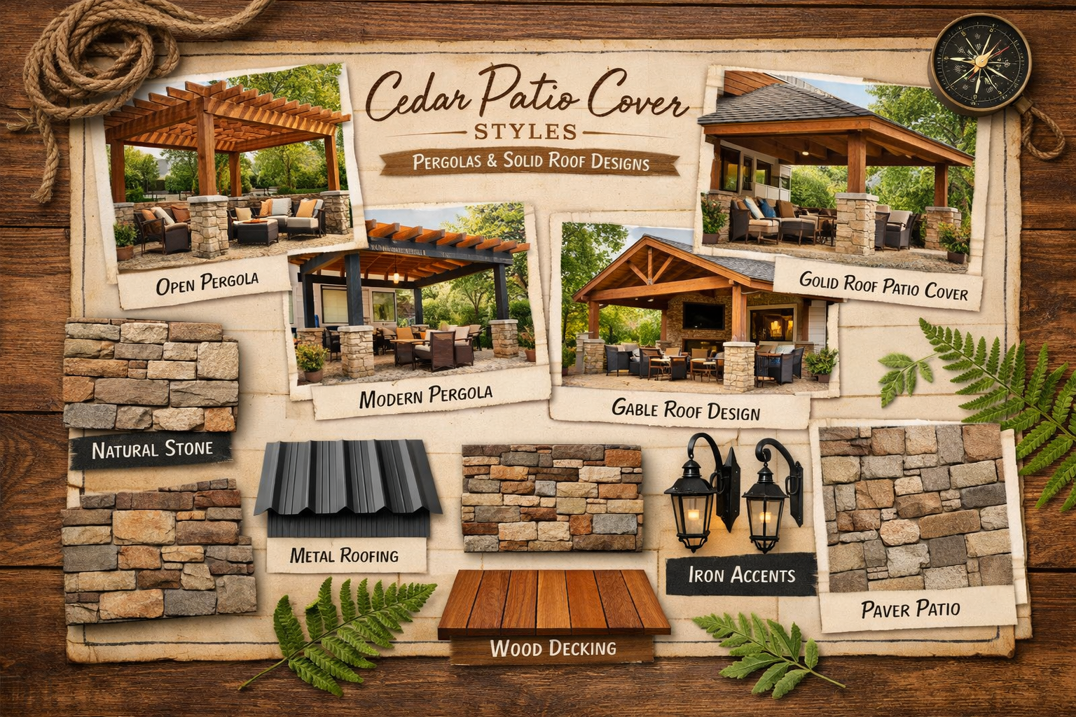 Design board showing various cedar patio cover styles and materials