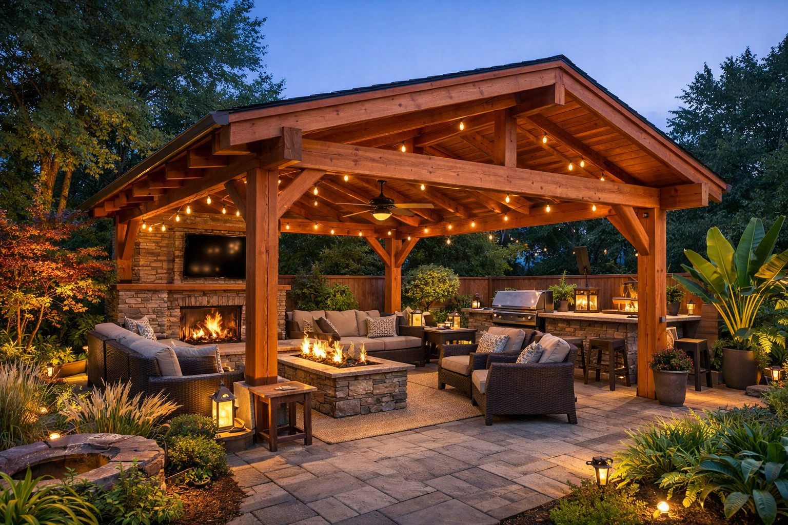 Aesthetic cedar patio cover in a landscaped backyard
