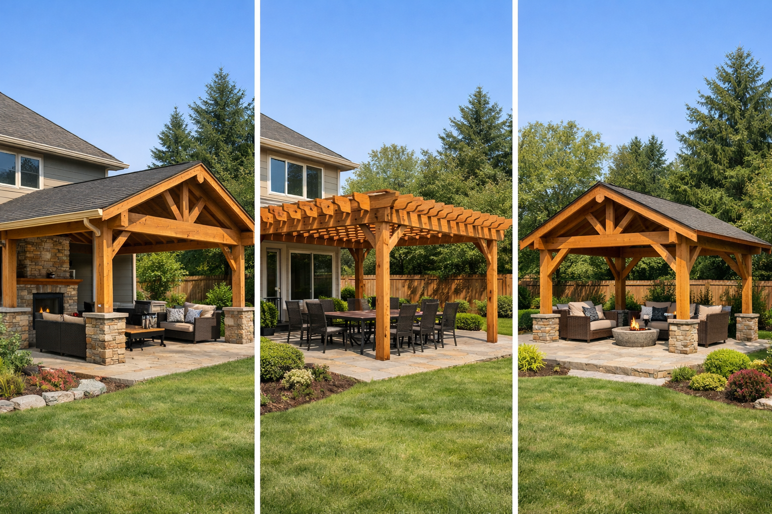 Three cedar patio cover styles shown together: solid roof attached cover, lattice pergola, and freestanding pavilion in a cohesive backyard setting
