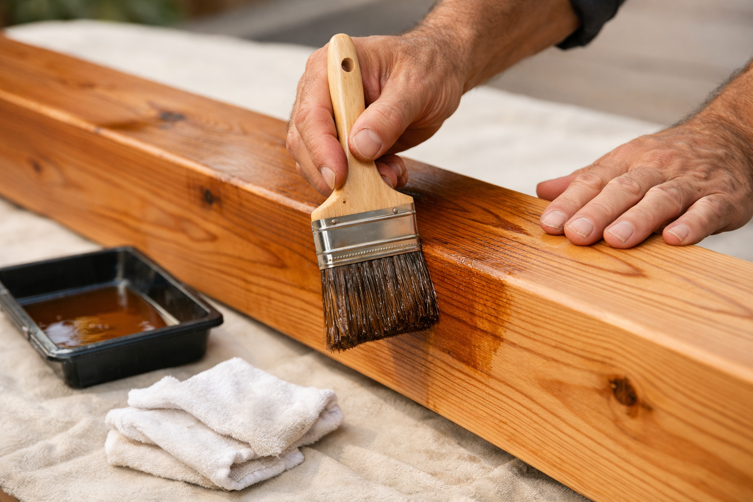 Close-up of hands applying semi-transparent stain to a cedar beam with a brush, showing visible cedar grain and warm tone