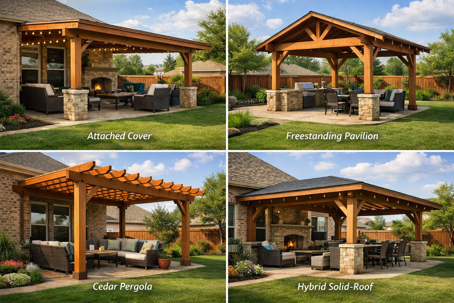 Four cedar patio cover styles: attached cover, freestanding pavilion, pergola with slatted roof, and hybrid solid-roof cover