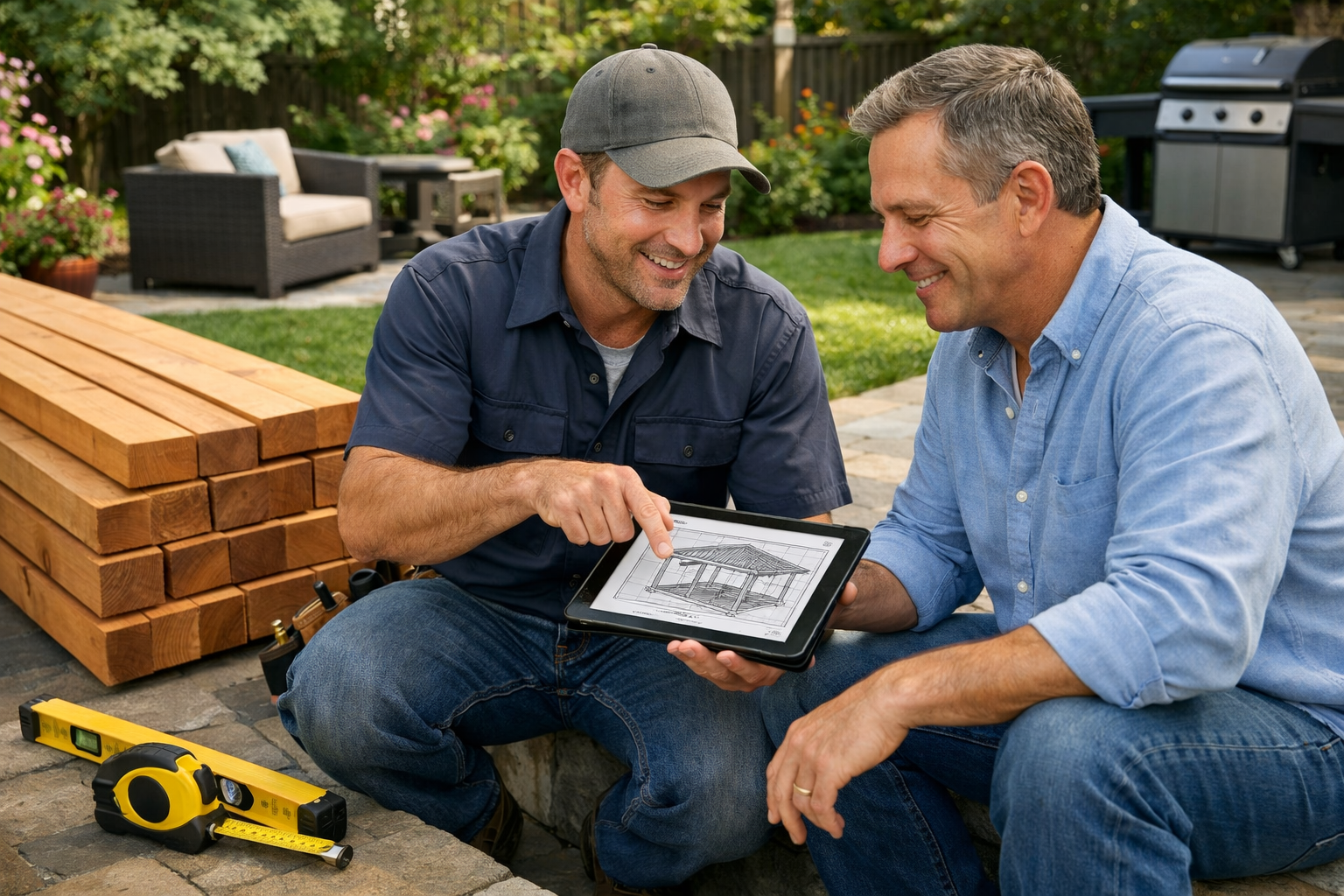 Homeowner and contractor reviewing cedar patio cover plans on a tablet in a backyard with cedar lumber nearby