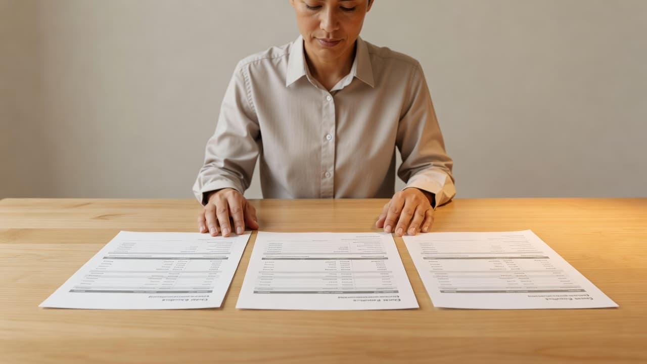A person sits at a light wooden table reviewing three distinct construction estimate documents laid side-by-side. The scene features warm ambient indoor lighting that highlights the clean, professional workspace layout.