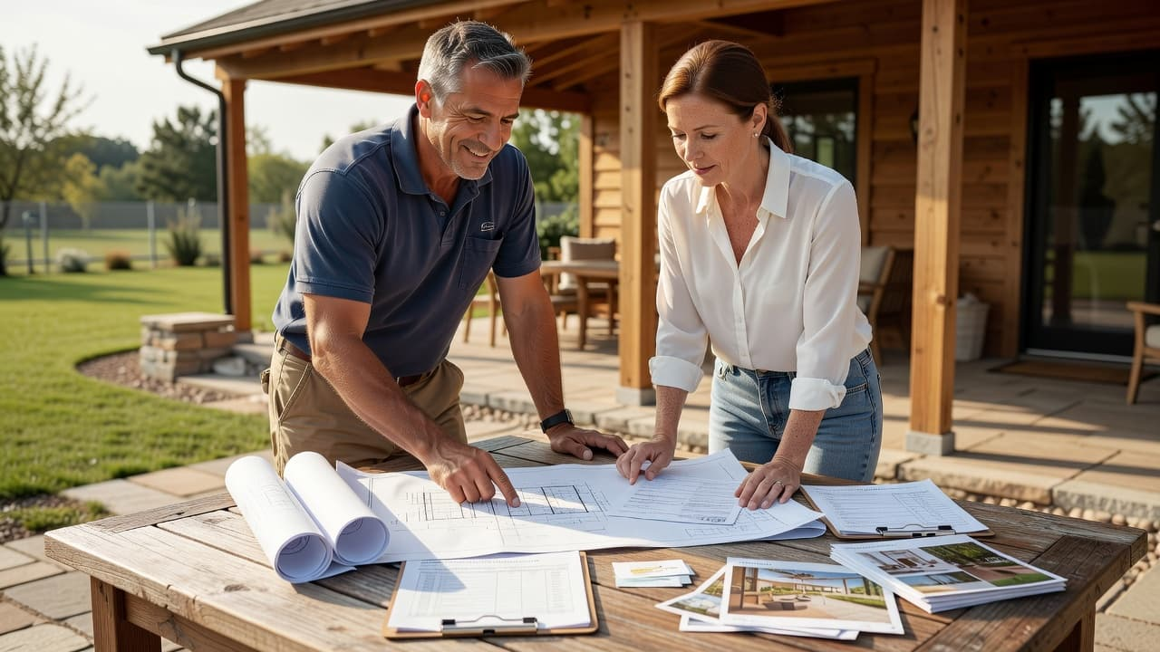 Patio Contractor License Insurance, A professional contractor stands next to a wooden patio table, pointing at detailed blueprints while a homeowner listens closely. Soft natural sunlight illuminates their collaborative discussion in a serene outdoor setting.