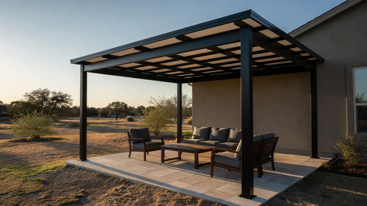 Questions for Patio Cover Builder, A sleek custom patio cover extends over a stone backyard terrace, casting sharp shadows on comfortable outdoor chairs. The structure features clean wooden beams against a clear North Texas sky.