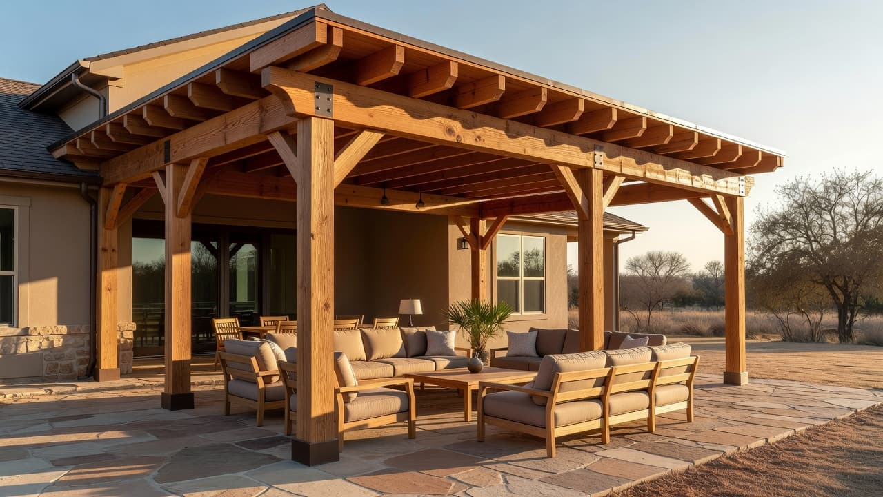 A sturdy cedar wood patio cover extends from a residential home, shading high-end outdoor furniture on stone pavers. Sunlight filters through the beams, casting soft shadows across the warm timber grains.