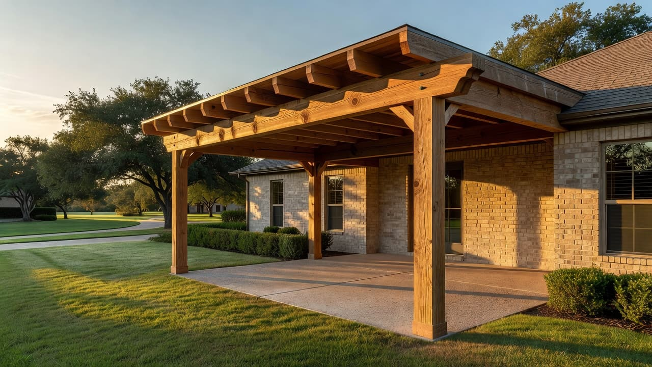 A sturdy cedar wood patio cover extends from a residential brick home. Sunlight filters through the overhead slats, casting rhythmic shadows across the clean concrete floor in a suburban backyard setting.