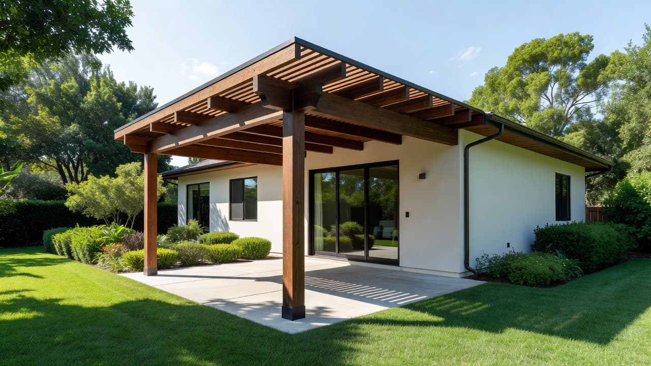 A dark stained wooden pergola extends from the brick wall of a single-story home, casting geometric shadows across a clean stone patio. A manicured green lawn stretches toward a clear horizon.