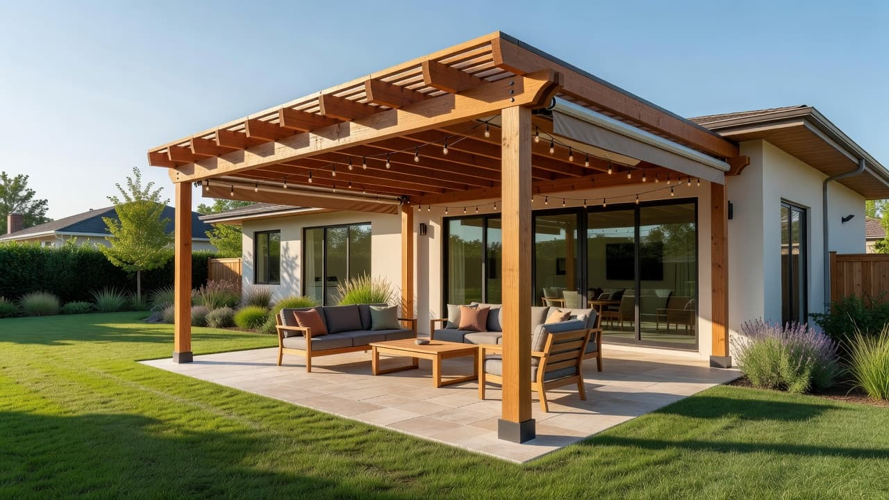 A sturdy wooden pergola extends from a sleek suburban home, sheltering cozy outdoor lounge furniture. Glowing string lights drape overhead while the expansive manicured lawn remains visible in the background.