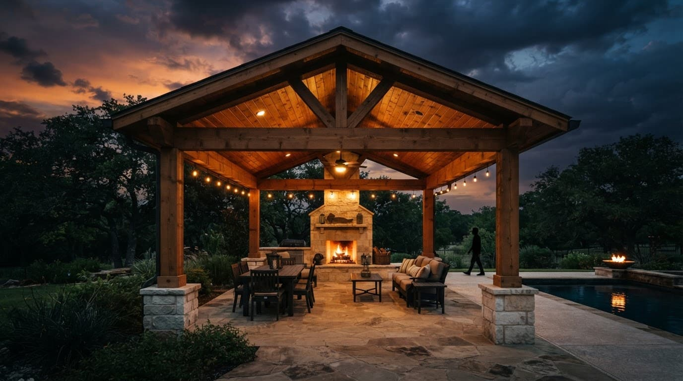 A wooden cedar patio cover providing shade over a backyard seating area.