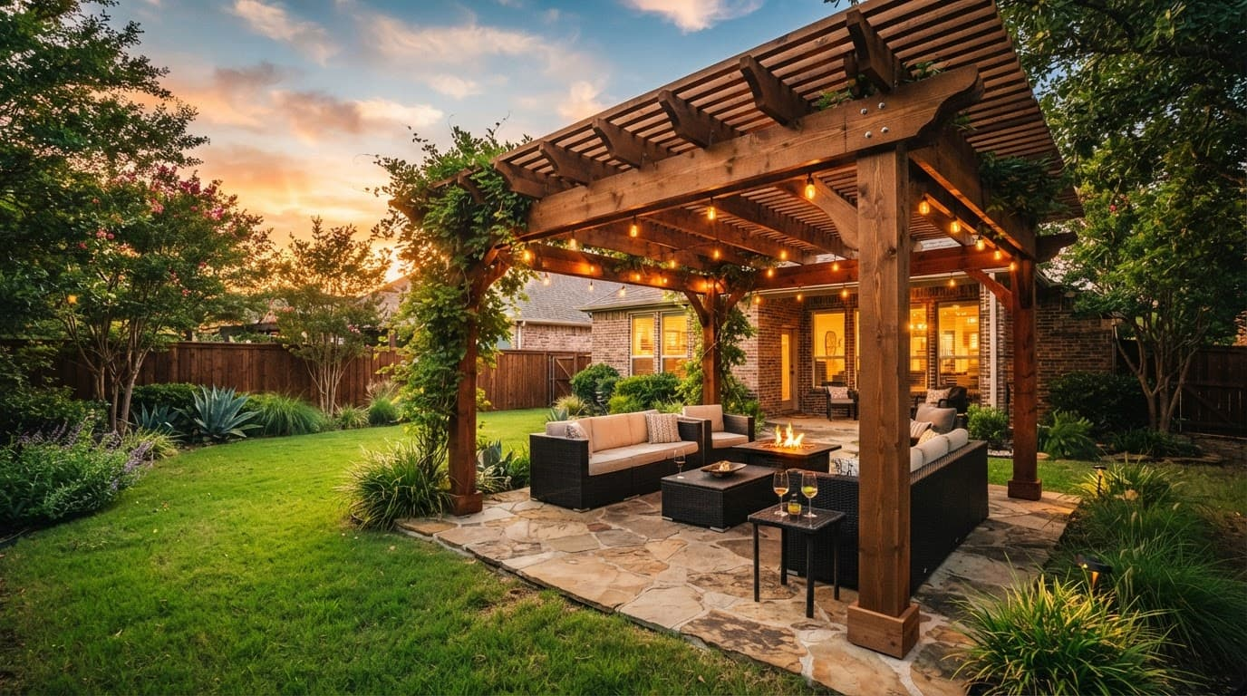 A wooden pergola covers a flagstone patio in a green suburban backyard during sunset.