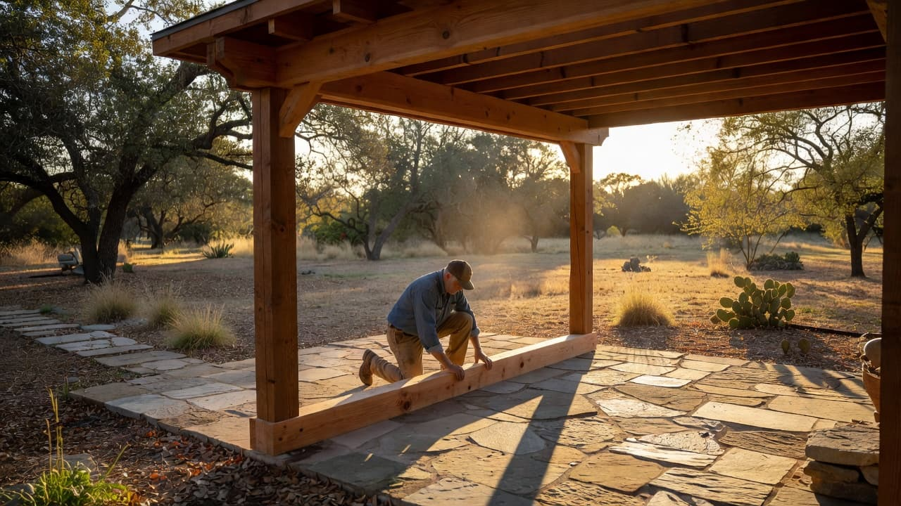 A worker stands under a cedar wood patio cover built over a backyard stone patio.