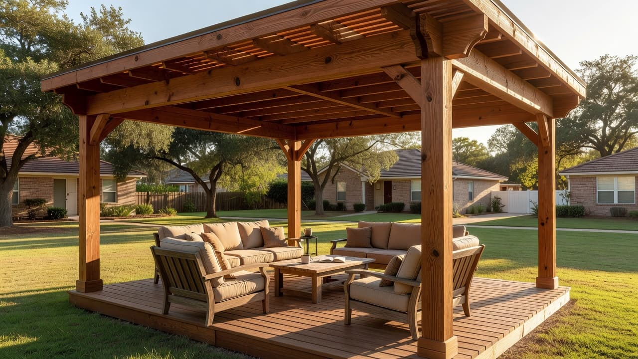 A custom cedar wood patio cover providing shade over a comfortable backyard seating area.