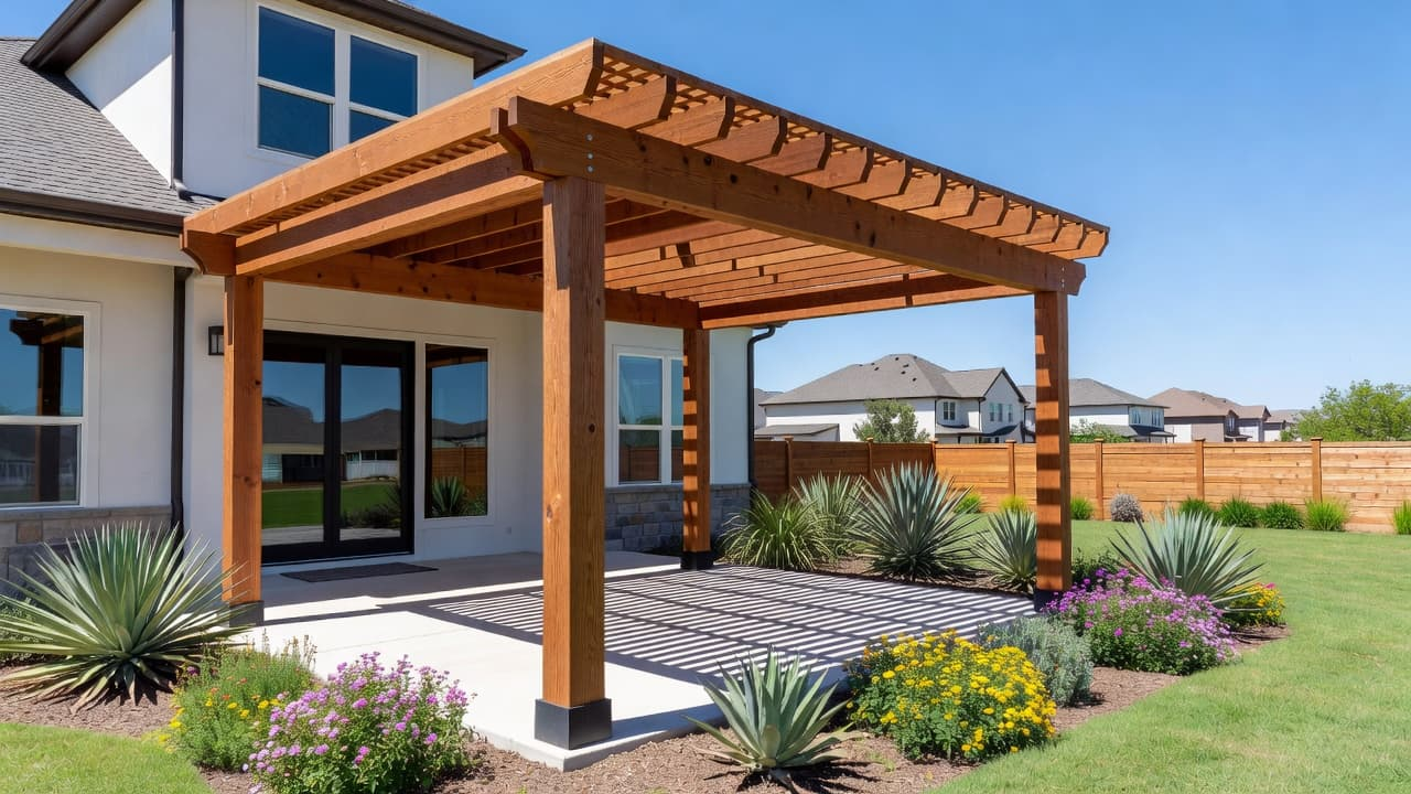 Patio Covers Frisco, A custom cedar wood patio cover attached to a modern Texas home.