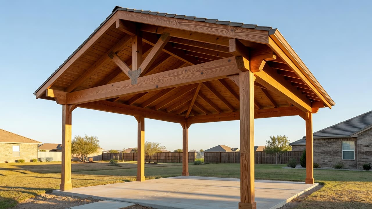 A custom cedar wood patio cover with exposed rafters stands in a sunny suburban backyard.