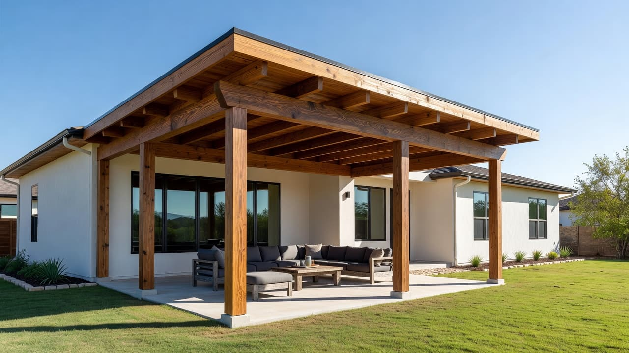 custom patio covers Little Elm , A custom cedar patio cover with thick wooden posts providing shade over a sunny backyard seating area.