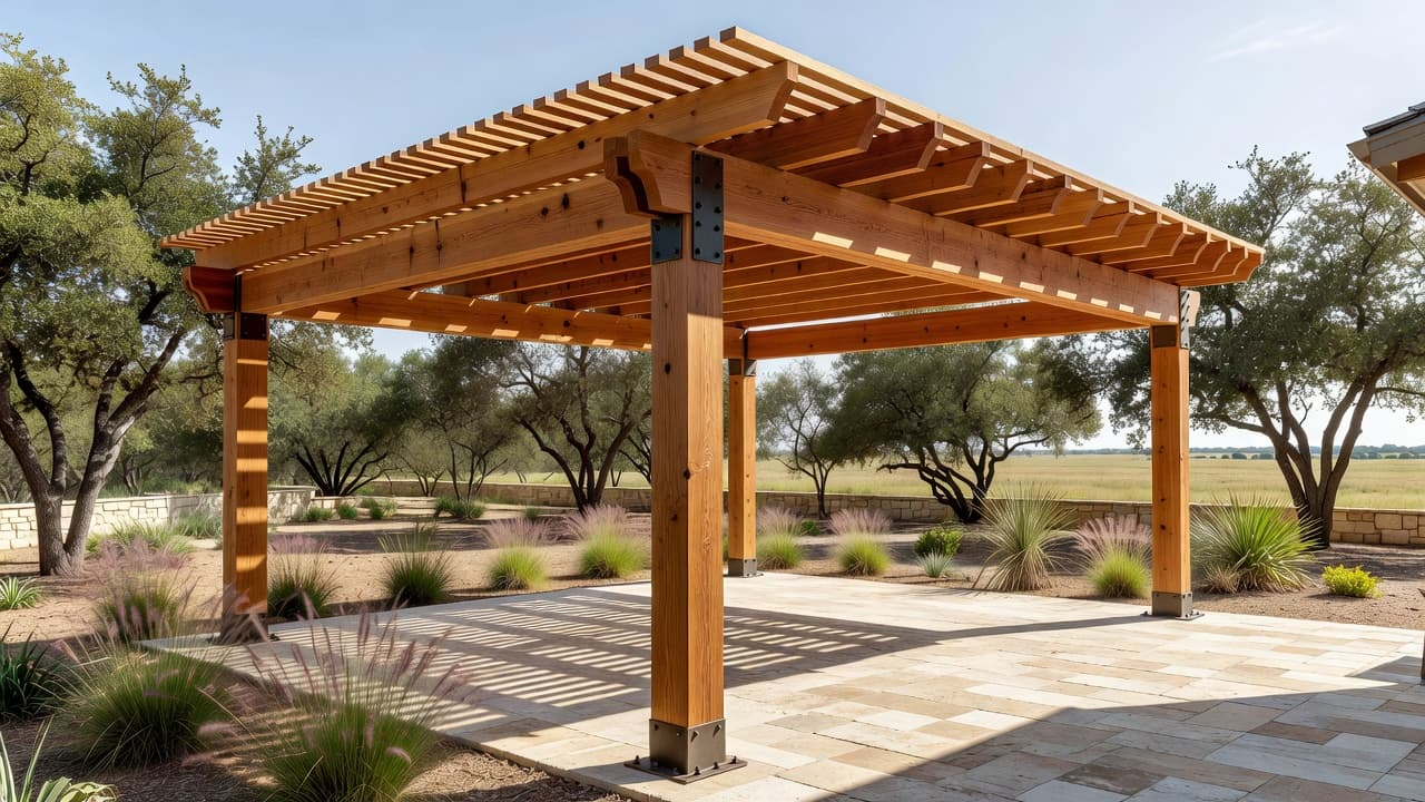 A wooden cedar patio cover providing shade over a backyard seating area.