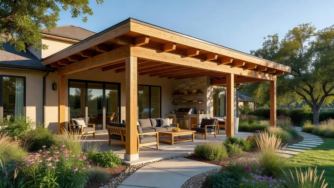 A bespoke cedar structure extends over a landscaped backyard, highlighting rich wood grain patterns. Comfortable patio furniture sits beneath the shelter while bright afternoon sunlight casts sharp shadows on the lawn.