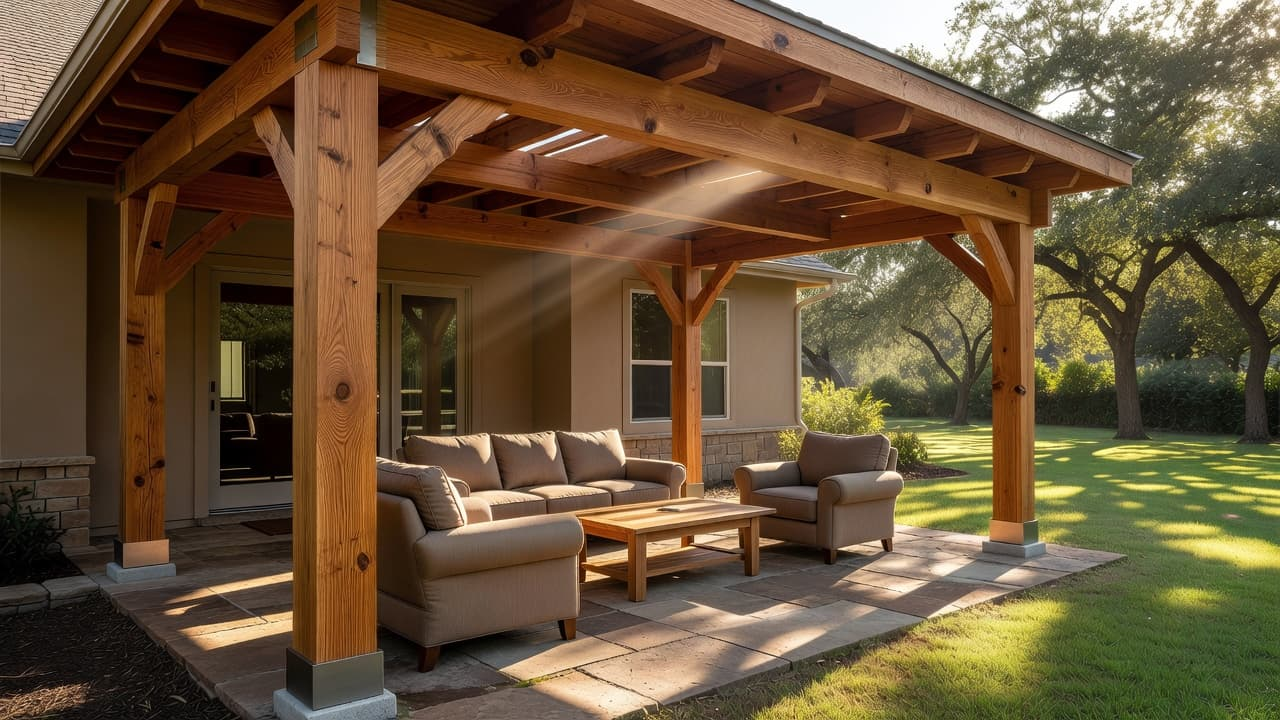 A custom cedar patio structure installed against a home with outdoor seating underneath.