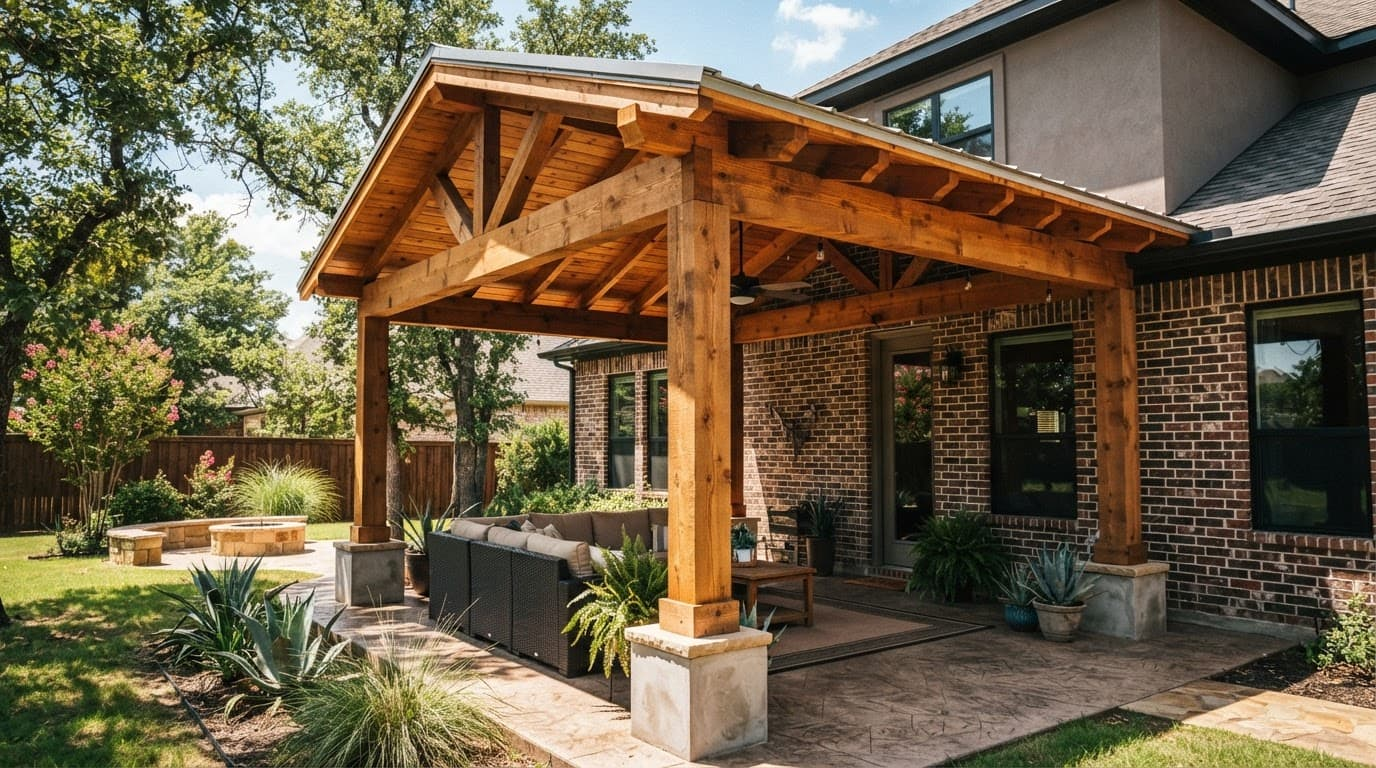 A custom cedar patio cover attached to a brick home casting shade on a sunny day.